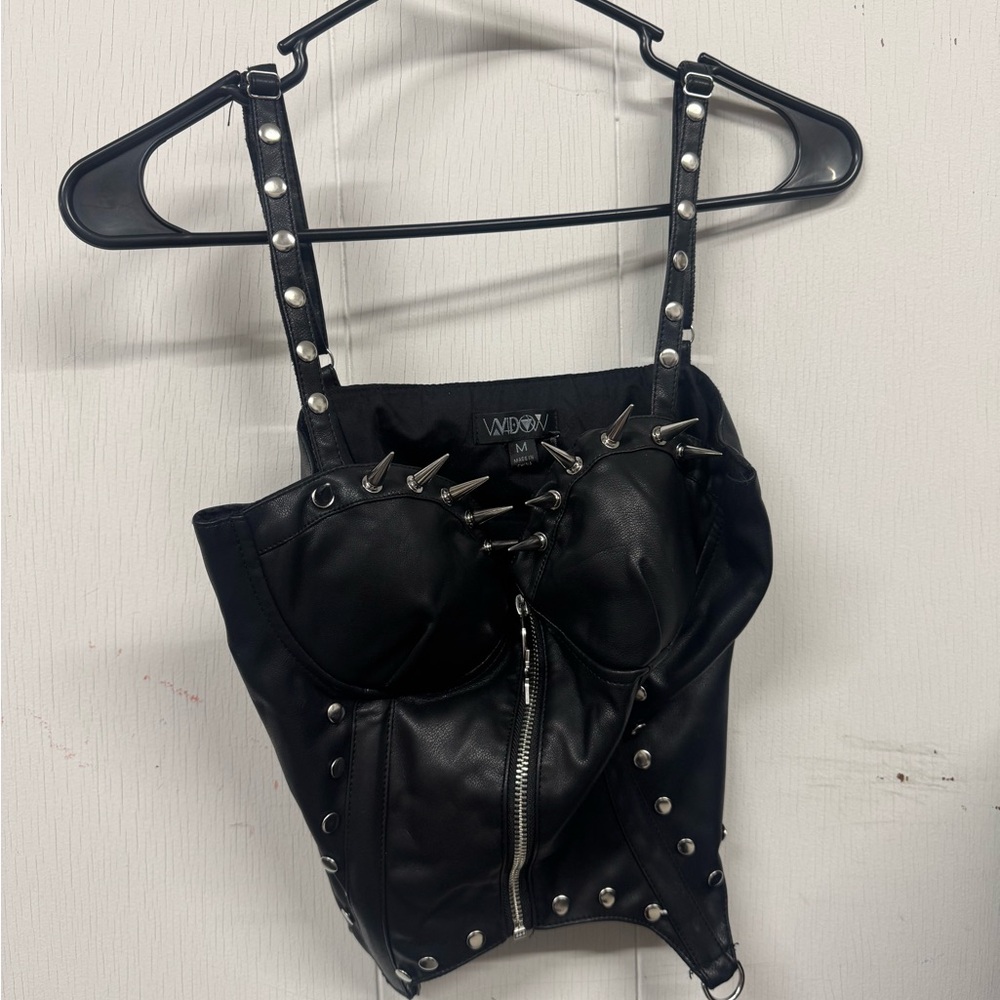 Dolls Kill Black Faux Leather Studded Spike Corset Tank
